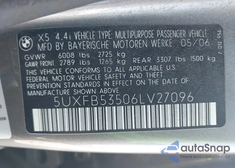 2006 BMW X5 4.4I из США, поврежденный, VIN 5UXFB53506LV27096